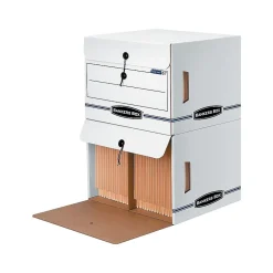 File Storage|Bankers Box® Bankers Box Side-Tab Drop-Front Corrugated File Storage Boxes, String & Button, Letter Size, White/Blue, 12/Carton (00061)