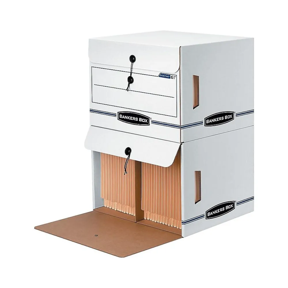 File Storage|Bankers Box® Bankers Box Side-Tab Drop-Front Corrugated File Storage Boxes, String & Button, Letter Size, White/Blue, 12/Carton (00061)
