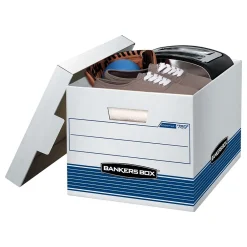 File Storage|Bankers Box® Bankers Box Stor/File™ Medium-Duty FastFold File Storage Boxes, Lift-Off Lid, Letter/Legal Size, White/Blue, 12/Carton (00789)