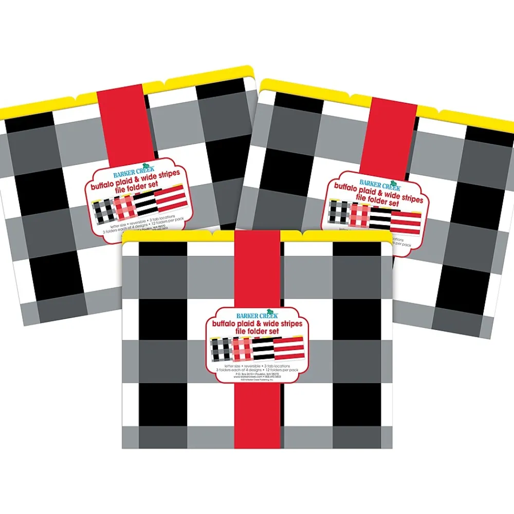 File Folders|Barker Creek Buffalo Plaid & Wide Stripes Letter-Size File Folders, Multi-Design Set, 36/Set (BC3936)