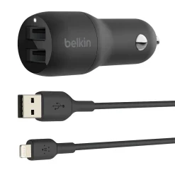 BOOST CHARGE Dual USB-A Car Charger, 24W + USB-A to Lightning Cable, Black<Belkin Clearance