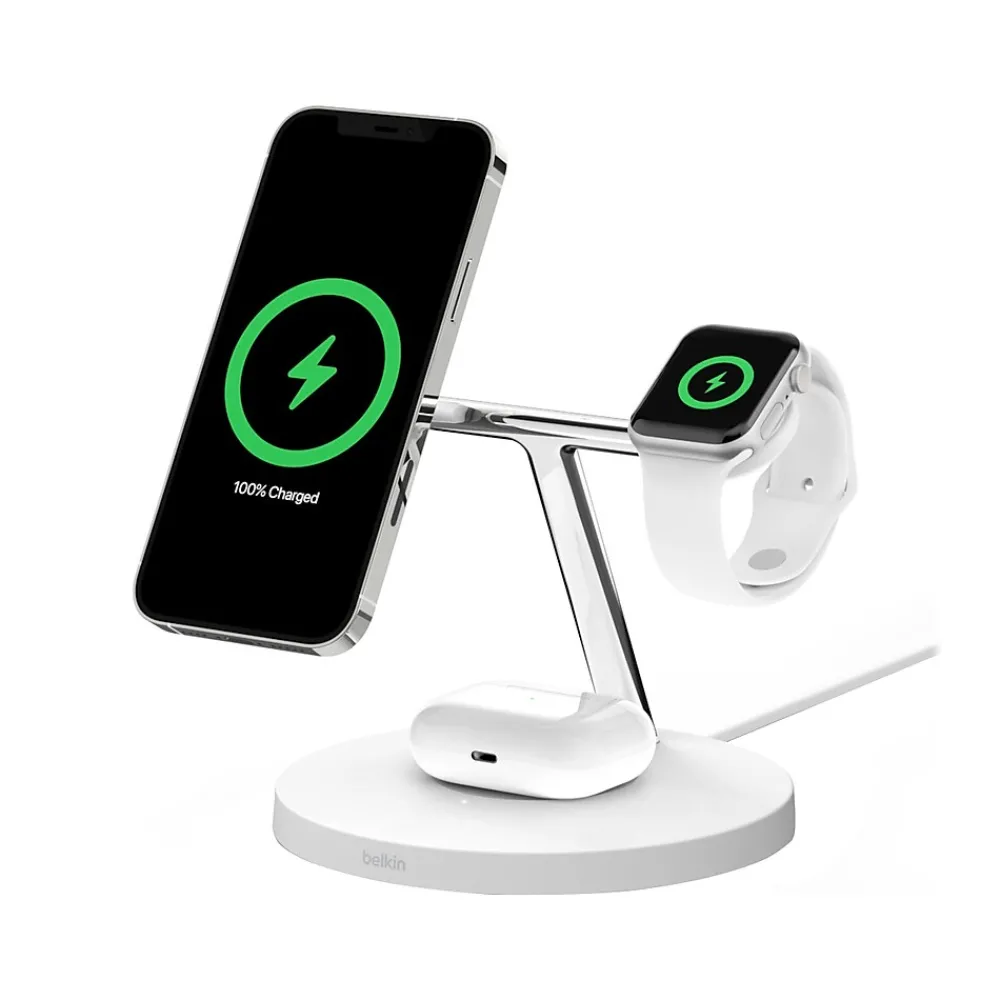 BOOST CHARGE PRO 3-in-1 Wireless Charger for iPhone 12, White (WIZ009ttWH)<Belkin
