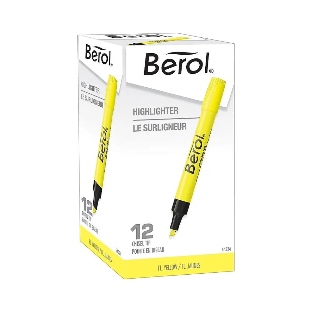 Highlighters|Berol Tank Highlighters, Chisel, Yellow, Dozen (64324)