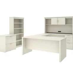 Office Desks*bestar Logan 66" U-Shaped Executive Desk with Hutch, Lateral File Cabinet, and Bookcase, White Chocolate (46851-31)