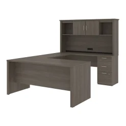 Computer Desks*bestar Logan 66"W U or L-Shaped Executive Office Desk with Pedestal and Hutch, Bark Grey (46410-47)