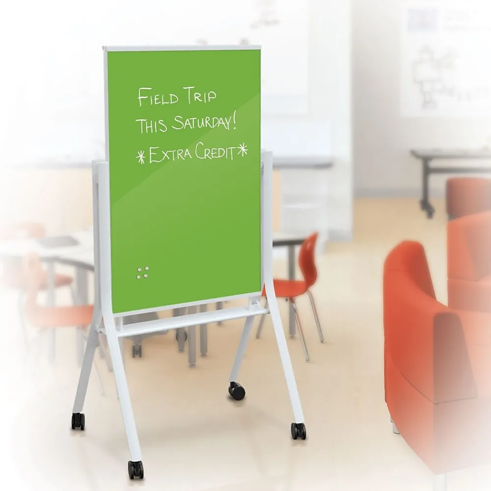 Dry Erase*Best-Rite Visionary Curve Colored Glass Whiteboard Easel White Frame Green Glass 47.24"H x 35.43"H Surface (74957-Green)