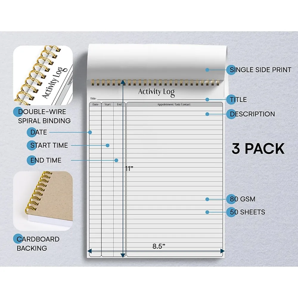 Notepads|Better Office Activity Log Notepad & Refill, 8.5" x 11", Ruled, White, 50 Sheets/Pad, 3 Pads/Pack (25827-3PK)
