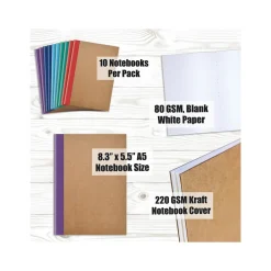 Notebooks|Better Office Customizable Notebook, 5.5" x 8.3", 30 Sheets, Kraft, 10/Pack (25030-10PK)