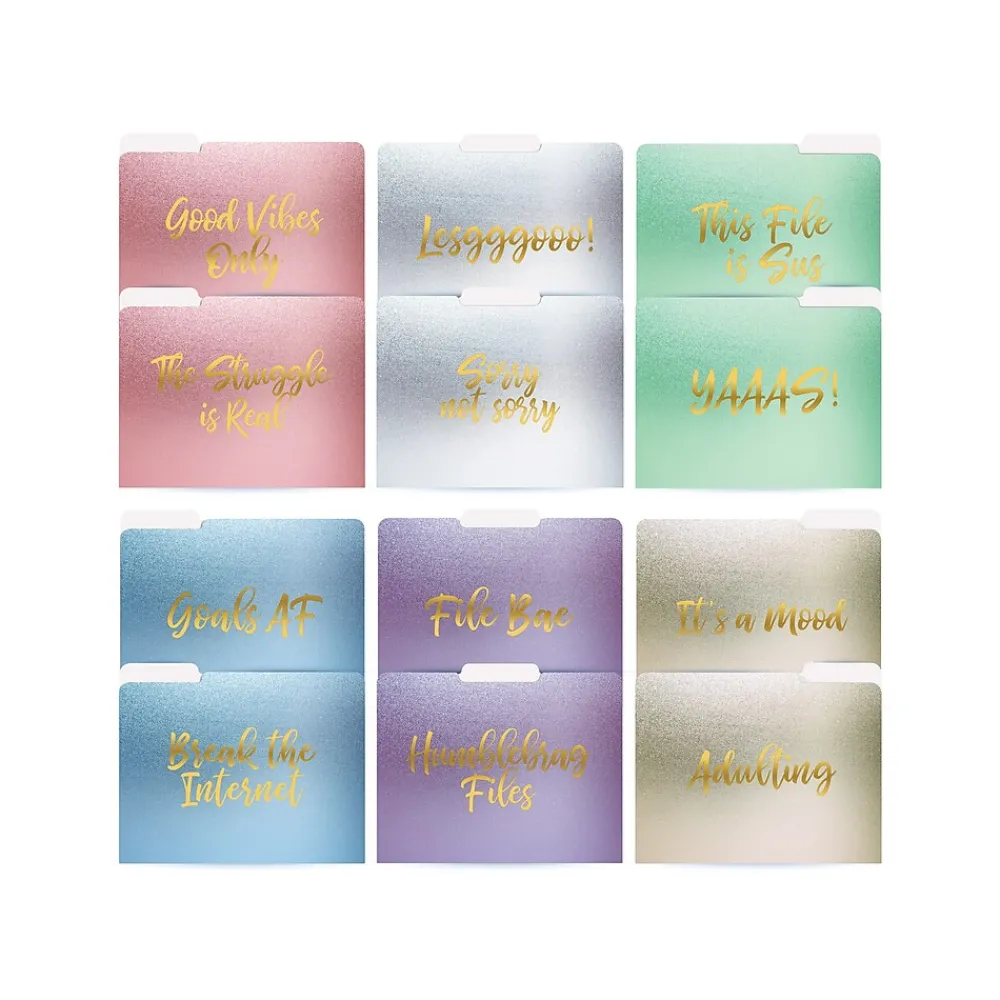 File Folders|Better Office Gold Foil Popular Sayings Heavyweight File Folders, 1/3-Cut Tab, Letter Size, Assorted Colors, 12/Pack