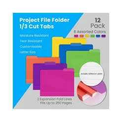 File Folders|Better Office Heavy-Duty File Folders, 1/3-Cut Tab, Letter Size, Polypropylene, Neon Assorted Colors, 12/Pack (89021-12PK)