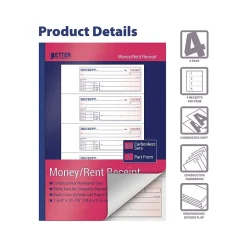 Business Forms*Better Office 2-Part Carbonless Money/Rent Receipt Book, 7.63" x 10.88", 200 Sets/Book, 4 Books/Pack (66204-4PK)