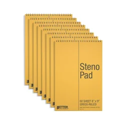 Notepads|Better Office Steno Pad, 6" x 9", Gregg-Ruled, Yellow, 60 Sheets/Pad, 8 Pads/Pack (25808-8PK)