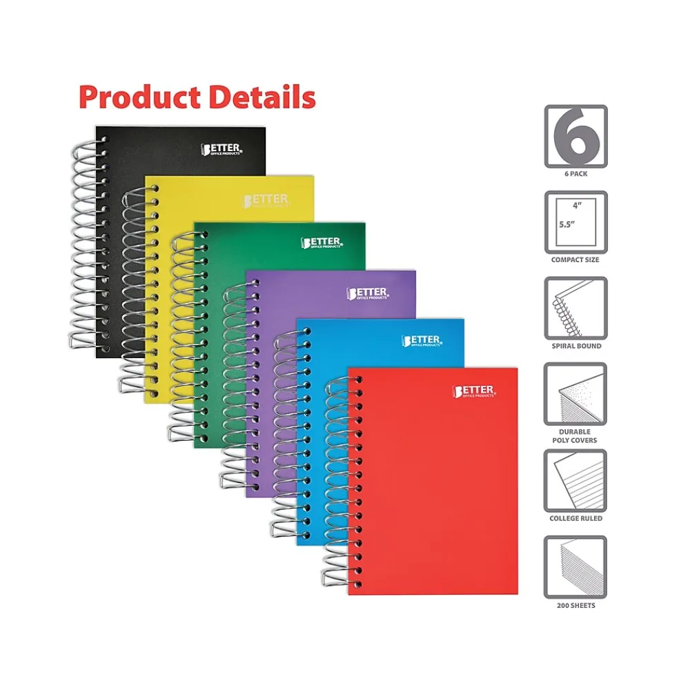 Subject Notebooks|Better Office 1-Subject Notebooks, 4" x 5.5", College Ruled, 200 Sheets, 6/Pack (25906-6PK)