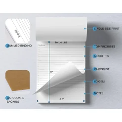 Notepads|Better Office To-Do List Notepad, 8.5" x 11", Project-Ruled, White/Black, 50 Sheets/Pad (25832)