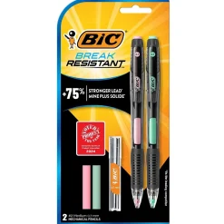 Pencils|BIC Break-Resistant Mechanical Pencils with Erasers, 0.7mm, #2 Medium Lead, 2/Pack (MV7PRP2-BLK)
