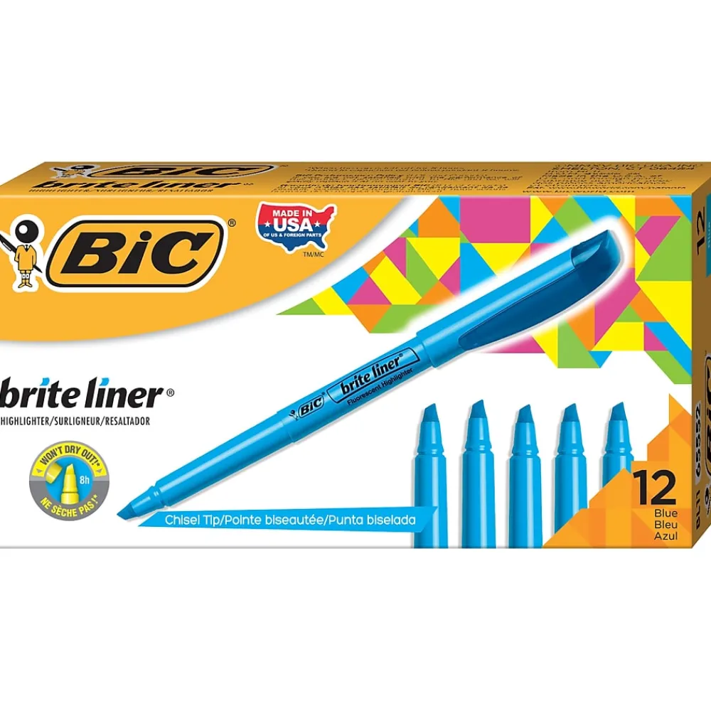 Highlighters|BIC Brite Liner Stick Highlighter, Chisel Tip, Blue, 12/Pack (65552/BL11BE)