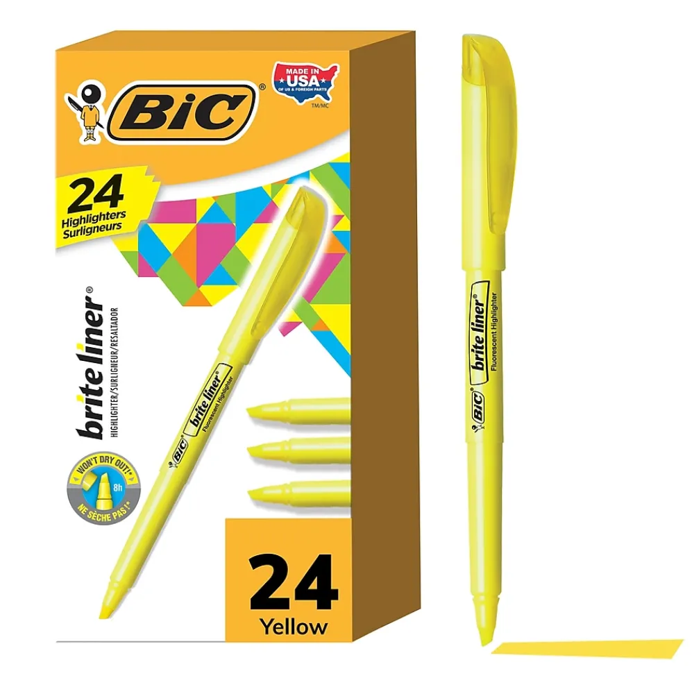 Highlighters|BIC Brite Liner Stick Highlighter, Chisel Tip, Yellow, 24/Pack (BL241YEL)