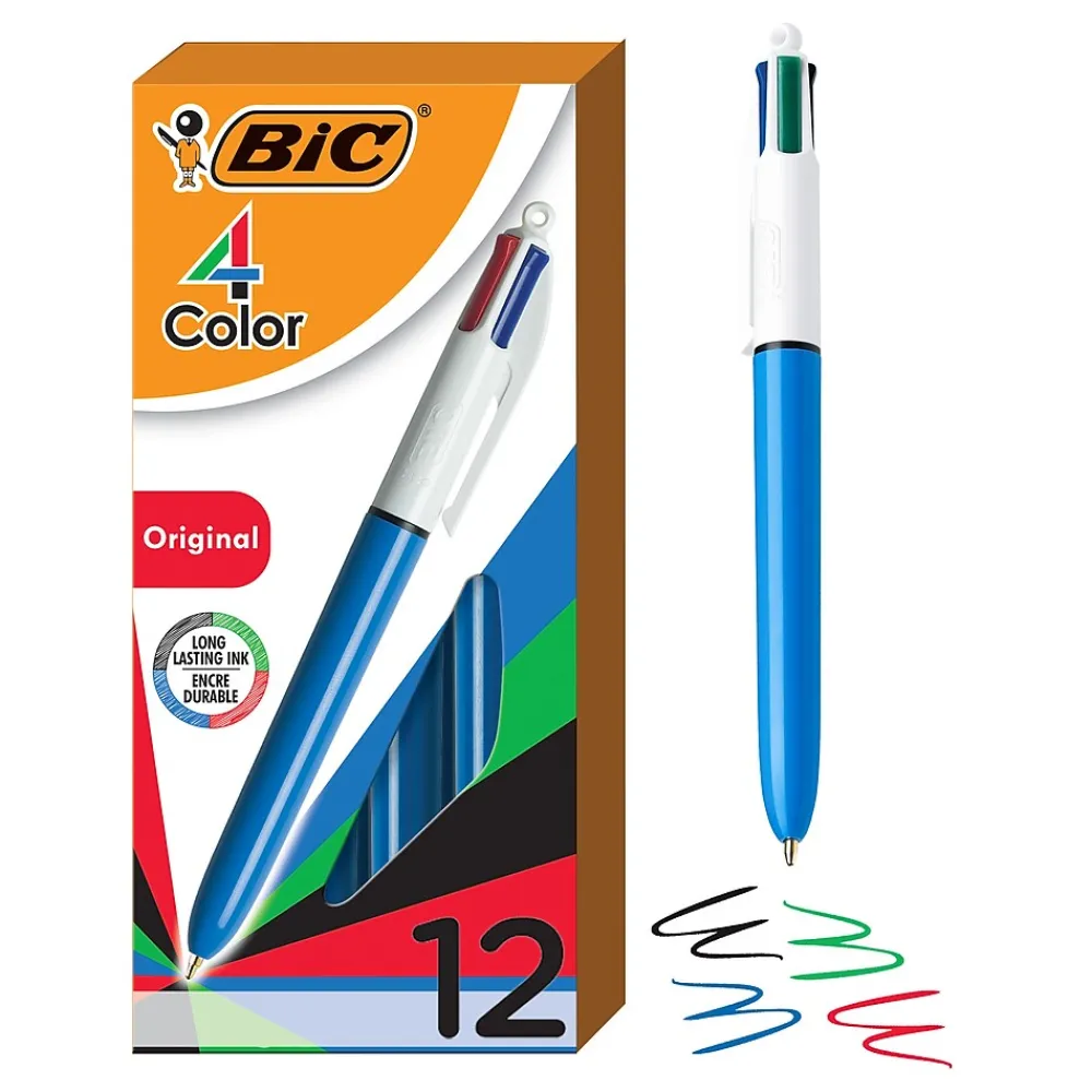 Pens|BIC 4-Color Retractable Ballpoint Pen, Medium Point, 1.0mm, Multicolor, Dozen (MM11-AST)