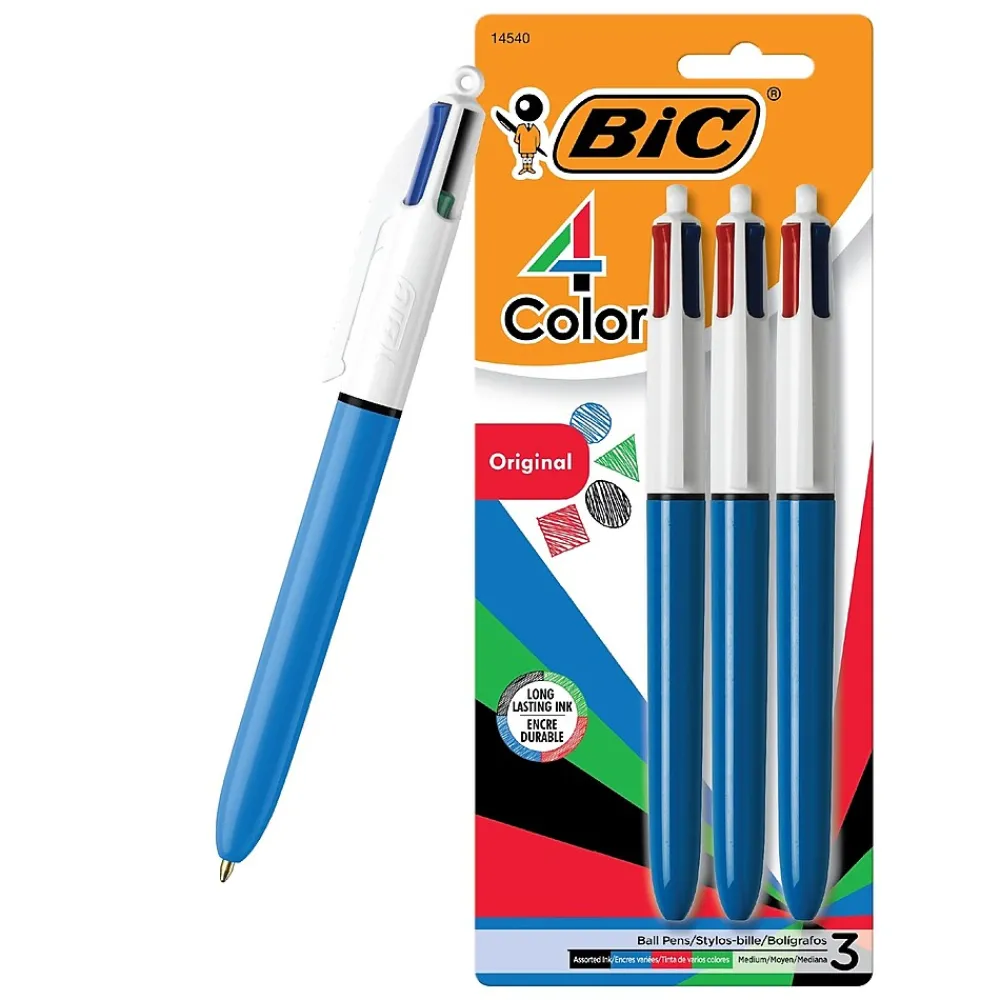 Pens|BIC 4-Color Retractable Ballpoint Pens, Medium Point, 1.4mm, Assorted Ink, 3/Pack (14540)