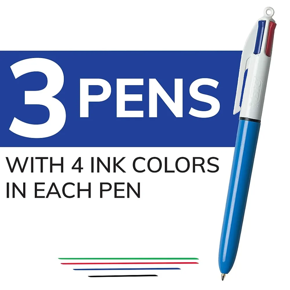 Pens|BIC 4-Color Retractable Ballpoint Pens, Medium Point, 1.4mm, Assorted Ink, 3/Pack (14540)