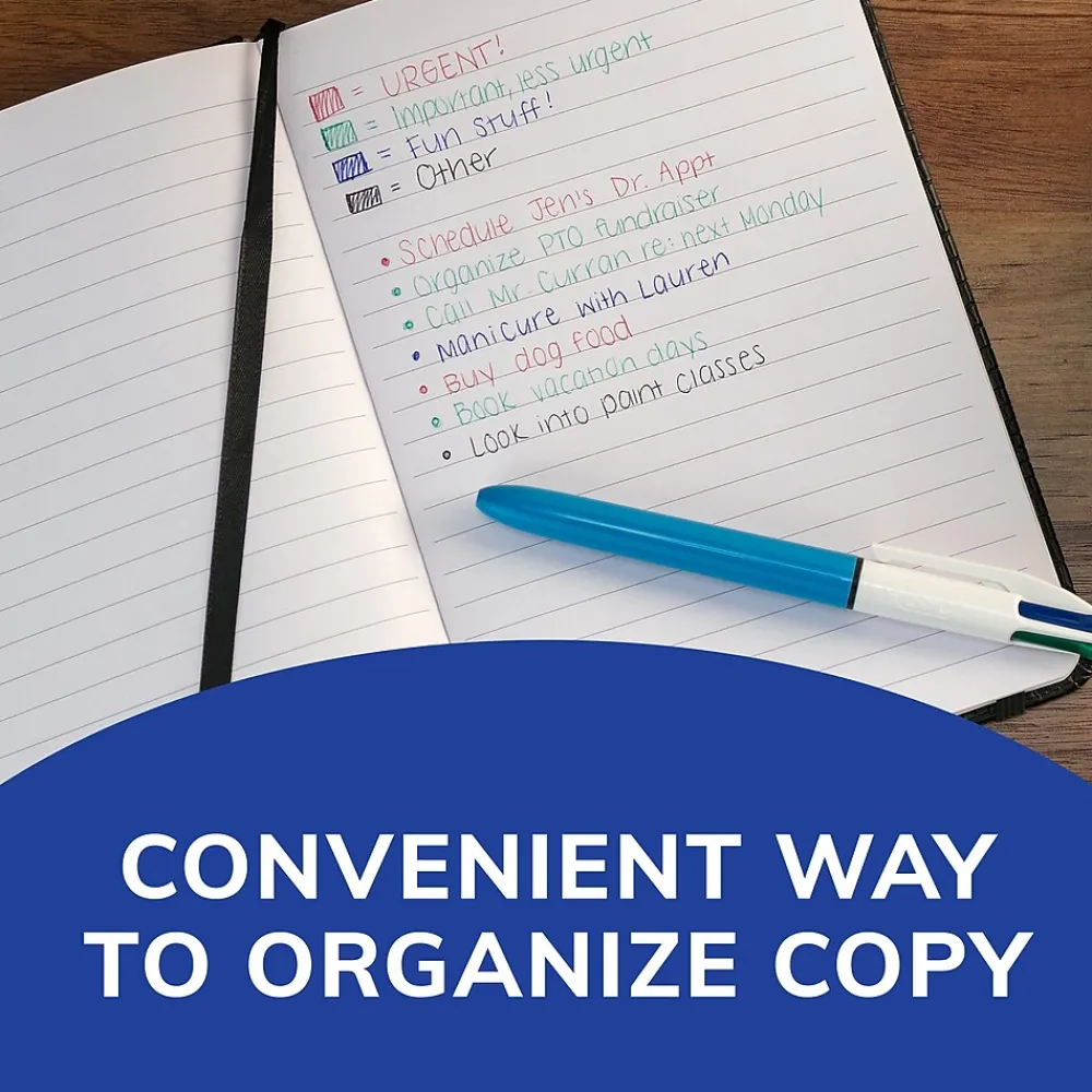 Pens|BIC 4-Color Retractable Ballpoint Pens, Medium Point, 1.4mm, Assorted Ink, 3/Pack (14540)