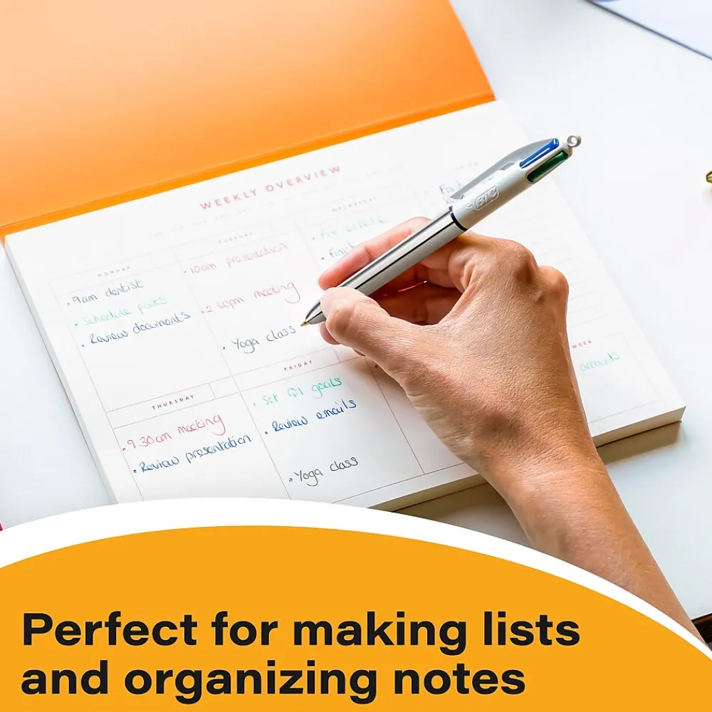 Pens|BIC 4-Color Shine Retractable Ballpoint Pen, Medium Point, Assorted Ink, 3/Pack (MMMTP31-AST)