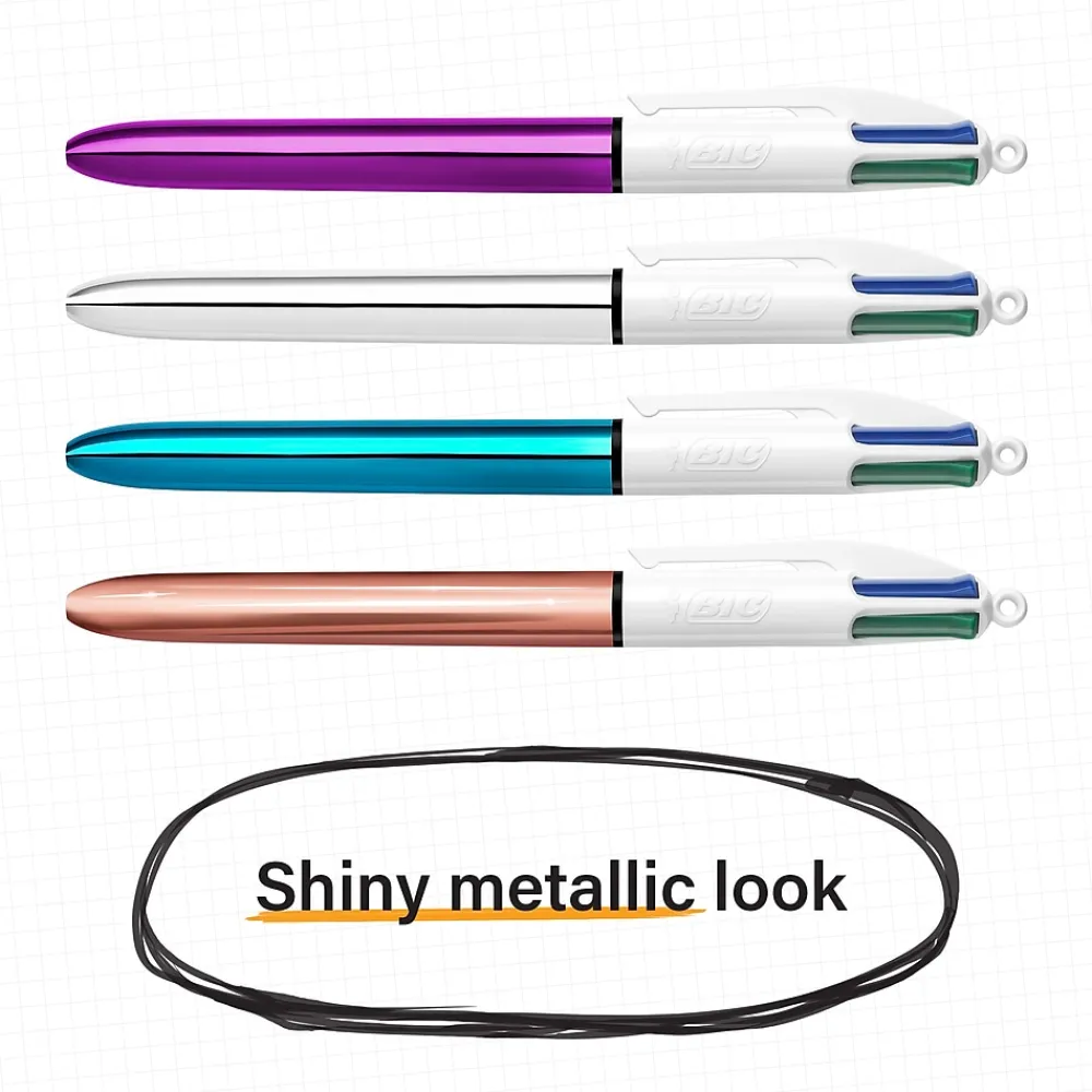 Pens|BIC 4-Color Shine Retractable Ballpoint Pen, Medium Point, Assorted Ink, 3/Pack (MMMTP31-AST)