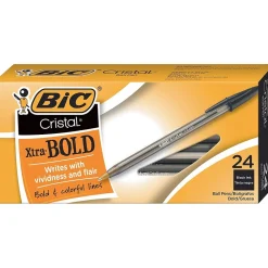 Pens|BIC Cristal Ballpoint Stick Pens, Bold Point, Black Ink, 24/Box (MSBP241-BLK)