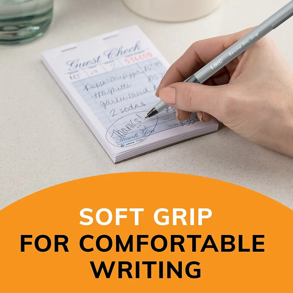 Pens|BIC Round Stic Grip Xtra Comfort Ballpoint Pens, Fine Point, 0.8mm, Black Ink, Dozen (13902)