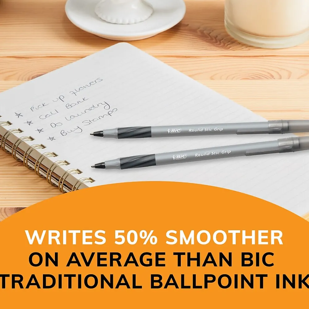 Pens|BIC Round Stic Grip Xtra Comfort Ballpoint Pens, Fine Point, 0.8mm, Black Ink, Dozen (13902)