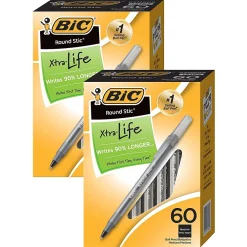 Pens|BIC Round Stic Xtra Life Ballpoint Pens, Medium Point, Black, 60/Pack, 2 Packs (GSM609BK-2)