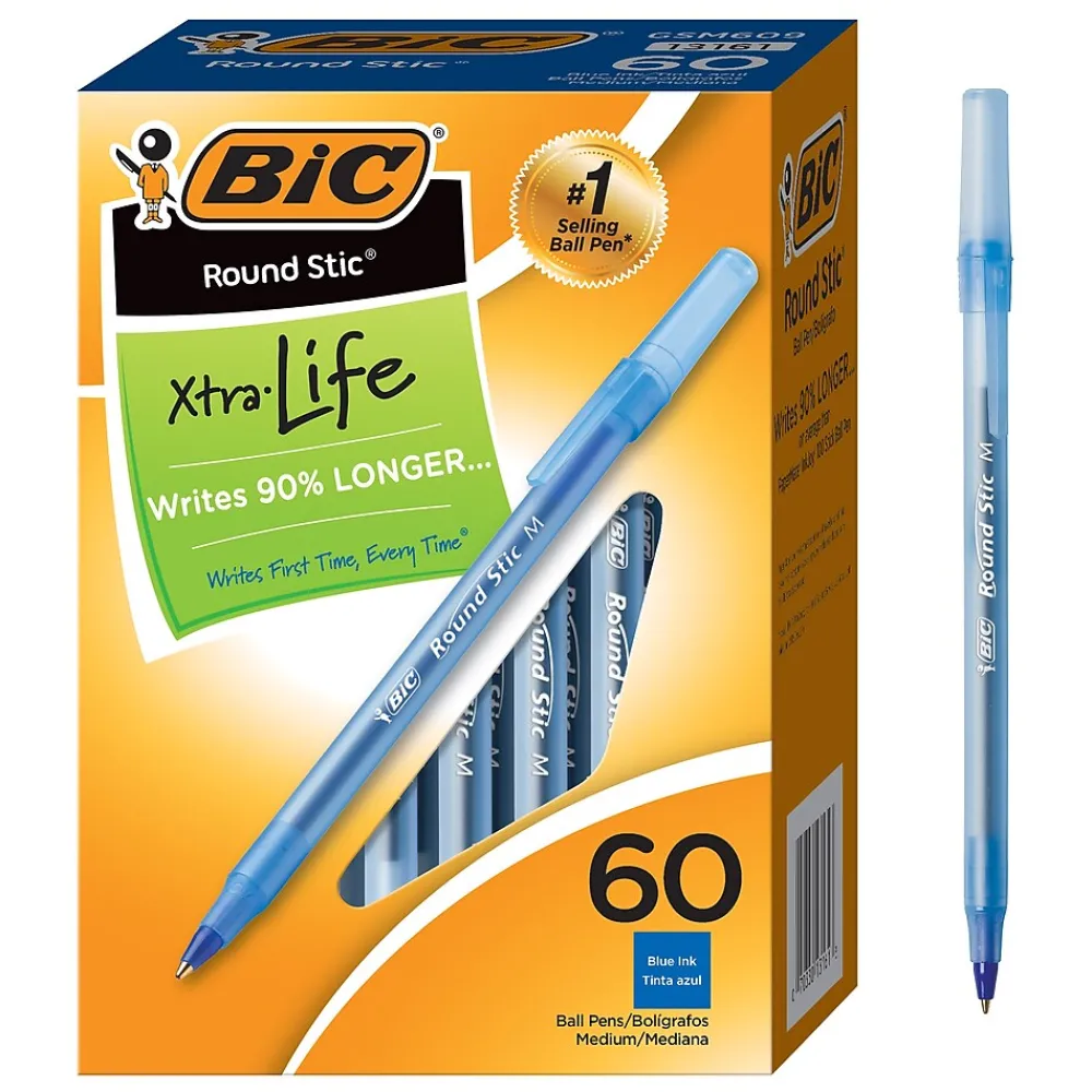Pens|BIC Round Stic Xtra Life Ballpoint Pens, Medium Point, 1.0mm, Blue Ink, 60/Pack (GSM609BE)