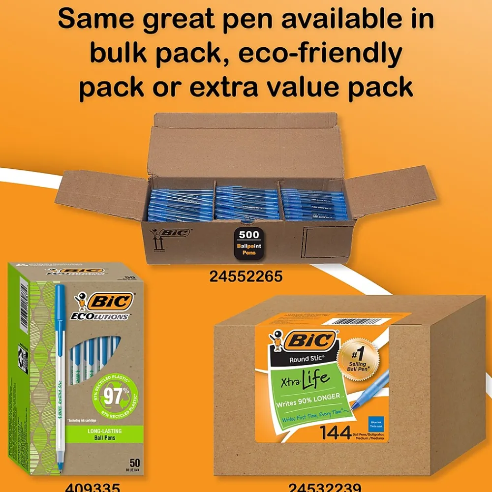 Pens|BIC Round Stic Xtra Life Ballpoint Pens, Medium Point, 1.0mm, Blue Ink, 60/Pack (GSM609BE)
