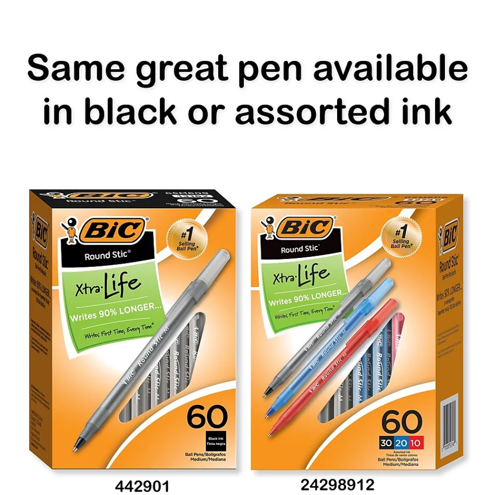 Pens|BIC Round Stic Xtra Life Ballpoint Pens, Medium Point, 1.0mm, Blue Ink, 60/Pack (GSM609BE)