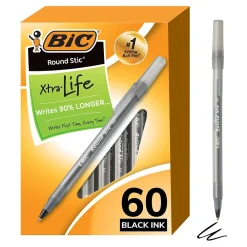Pens|BIC Round Stic Xtra-Life Ballpoint Pens, Medium Point, 1.0mm, Black Ink, 60/Pack (GSM609-BLK)