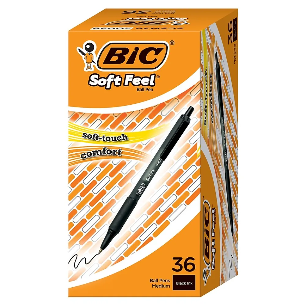 Pens|BIC Soft Feel Retractable Ballpoint Pen, Medium Point, Black Ink, 36/Pack (SCSM361BLK)
