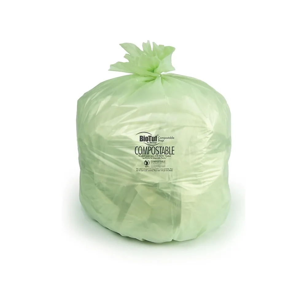 60-64 Gallon Compostable Industrial Trash Bag, 47" x 60", Low Density, 0.8 Mil, Green, 125 Bags/Box, 5 Rolls<BioTuf Clearance