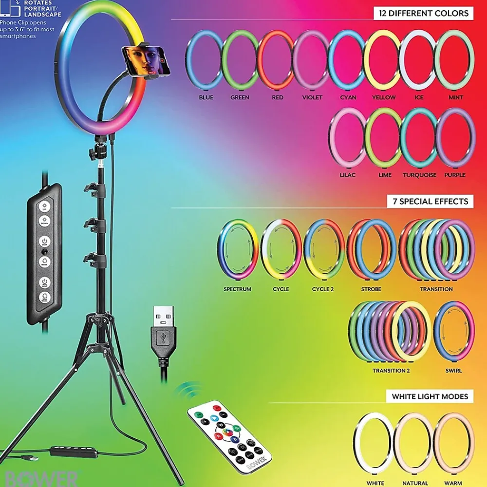 12" RGB Selfie Ring Light Studio Kit with Wireless Remote Control and Tripod (WA-RLSRGB12)<Bower Best