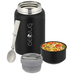 Geojug Stainless Steel Double Walled Food Jar with Bowl & Folding Spoon, 17 oz., Black (FTS-500BK)<Brentwood Sale
