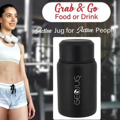 Geojug Stainless Steel Double Walled Food Jar with Bowl & Folding Spoon, 17 oz., Black (FTS-500BK)<Brentwood Sale