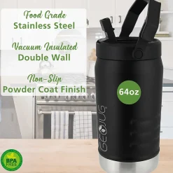 Geojug Stainless Steel Double Walled Sports Water Jug, 64 oz., Black (G-1900BK)<Brentwood Discount