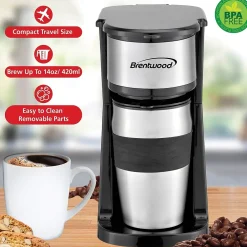 Brentwood Portable Single-Serve Coffee Maker with 14-Oz. Travel Mug, Black (TS-113BK)