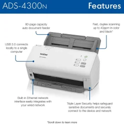 Brother ADS-4300N Duplex Document Scanner, Gray