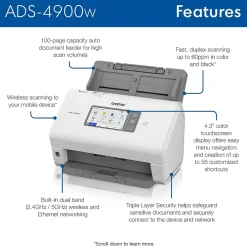 Brother ADS-4900W Duplex Document Scanner, White/Black