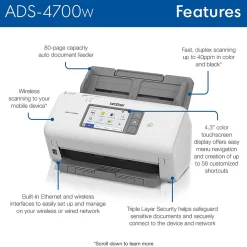 Brother ADS-4700W Duplex Document Scanner, White/Black
