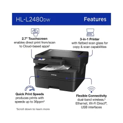 Brother HL-L2480DW Compact Wireless Black & White Laser Printer, Copy & Scan, Refresh Subscription Ready