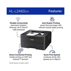 Brother HL-L2460DW Compact Wireless Black & White Laser Printer, Single-Function, Print, Refresh Subscription Ready