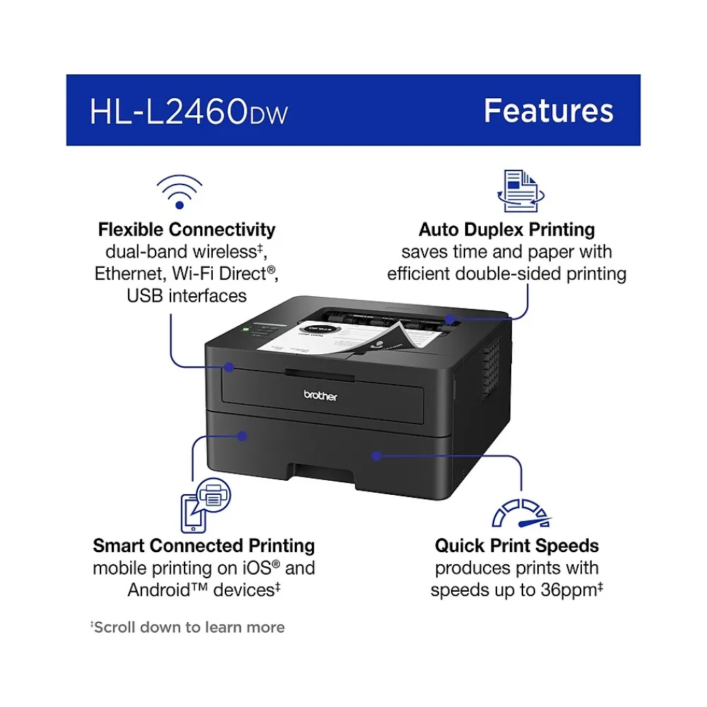Brother HL-L2460DW Compact Wireless Black & White Laser Printer, Single-Function, Print, Refresh Subscription Ready