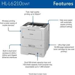 Brother HL‐L6210DWT Business Monochrome Laser Printer, Dual Paper Trays, Wireless Networking