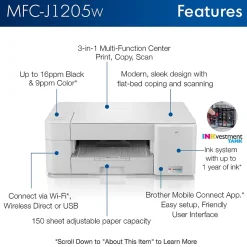 Brother INKvestment Tank MFC-J1205W Wireless Color Inkjet Printer, All-In-One Supertank, Print, Scan, Copy